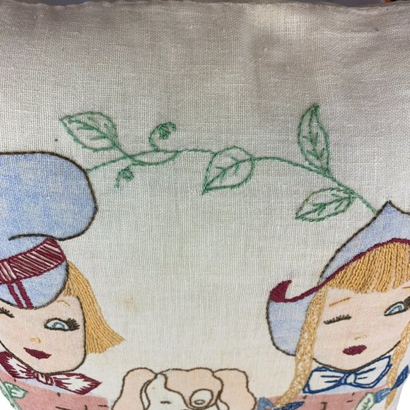 Vtg Hand Embroidered Pillow Children Dog Eating Watermelon Summer Whimsical 14" - Picture 5 of 12